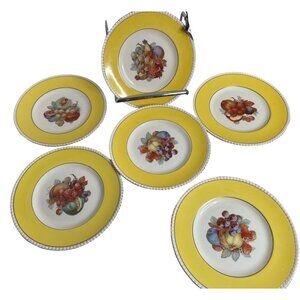 Fondeville Ambassador Ware Orchard Fruit  Plates Yellow Gold Trim England Two 9"